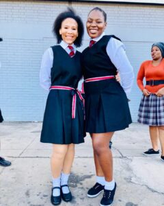 Nqobile Ndlovu with Leleti Khumalo on Imbewu wearing school uniform for june 16